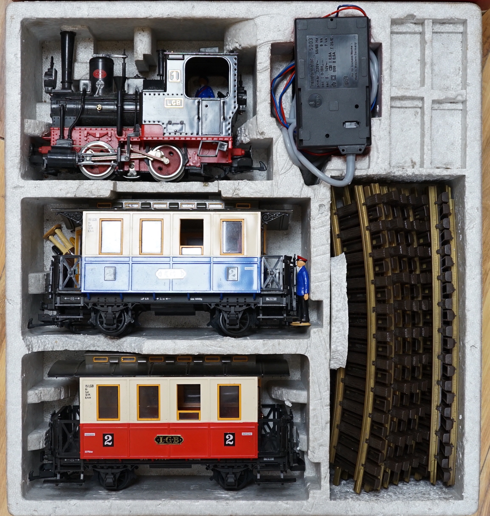 An LGB by Lehman 45mm passenger train set, comprising an 0-4-0T locomotive, two coaches, track and accessories